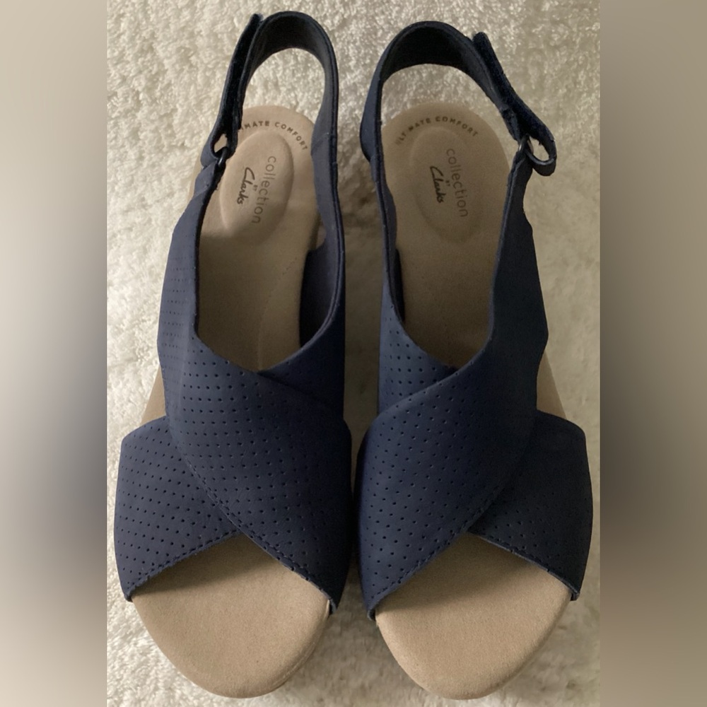 Clarks Annadel Parker Ladies Navy Blue Wedge Sandal Size 9.5 Comfort Leather New